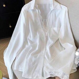 White Lace-Trimmed Button Down Blouse